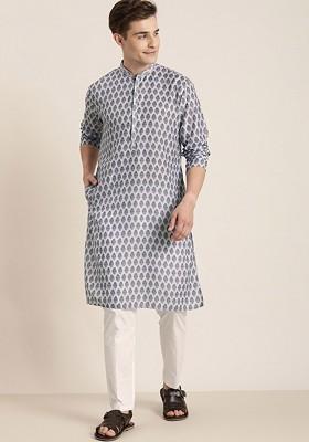 Grey Ethnic Motifs Poly Blend Kurta Set For Men
