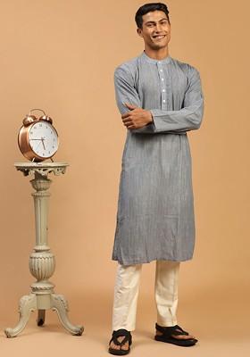 Grey Striped Poly Blend Kurta Set For Men