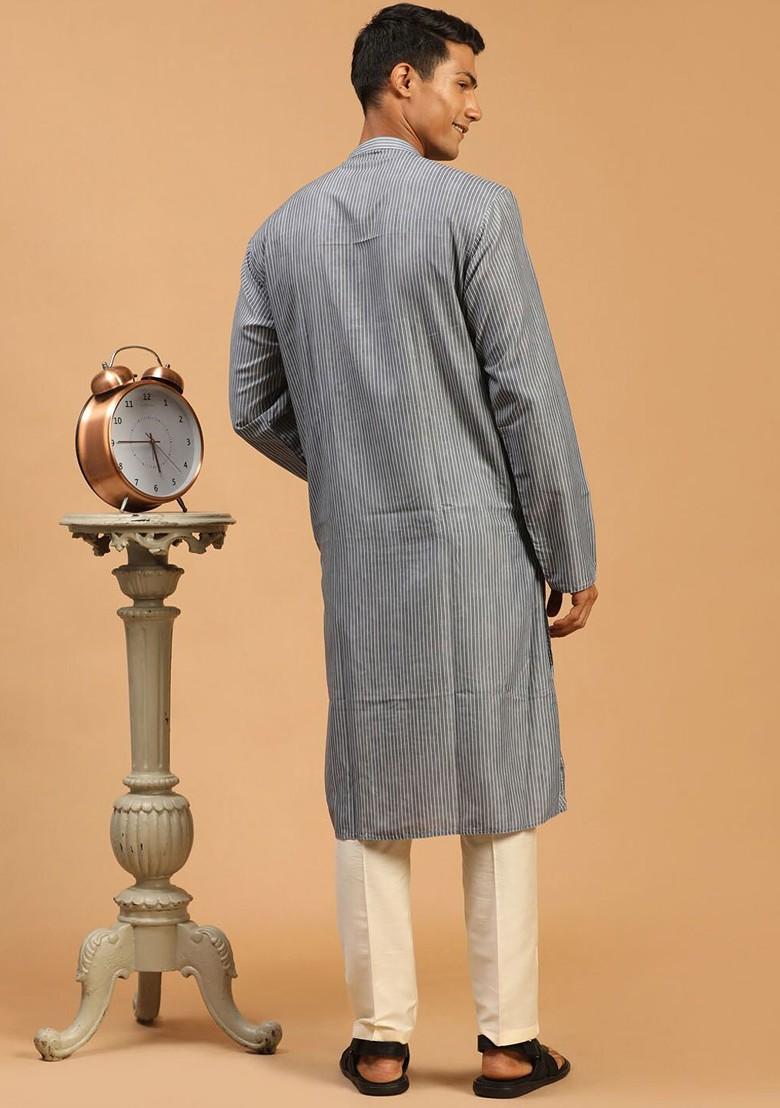 Grey Striped Poly Blend Kurta Set For Men