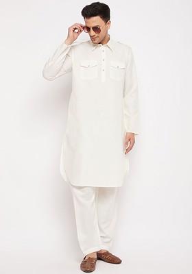Cream Solid Poly Blend Kurta Set For Men