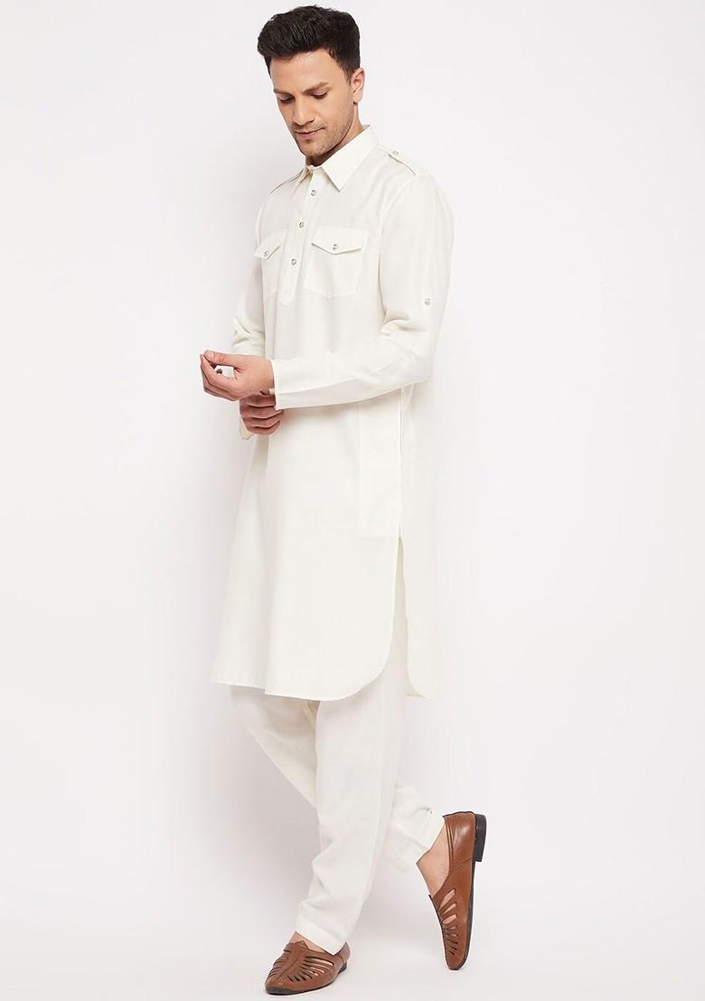 Cream Solid Poly Blend Kurta Set For Men