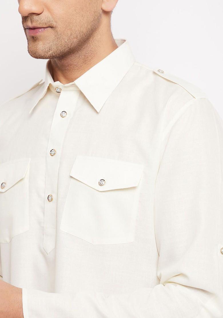 Cream Solid Poly Blend Kurta Set For Men