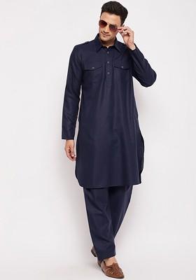 Blue Solid Poly Blend Kurta Set For Men