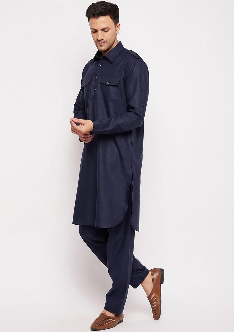 Blue Solid Poly Blend Kurta Set For Men