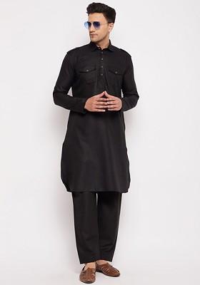 Black Solid Poly Blend Kurta Set For Men