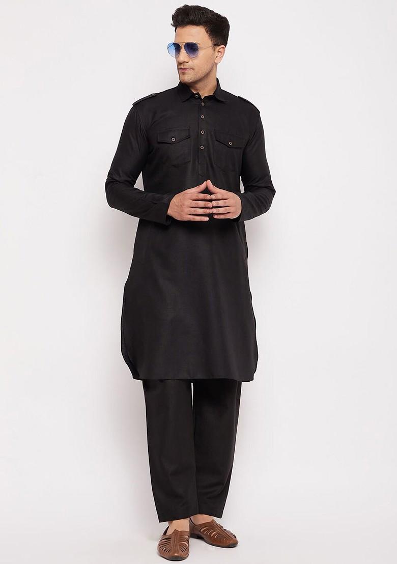 Black Solid Poly Blend Kurta Set For Men