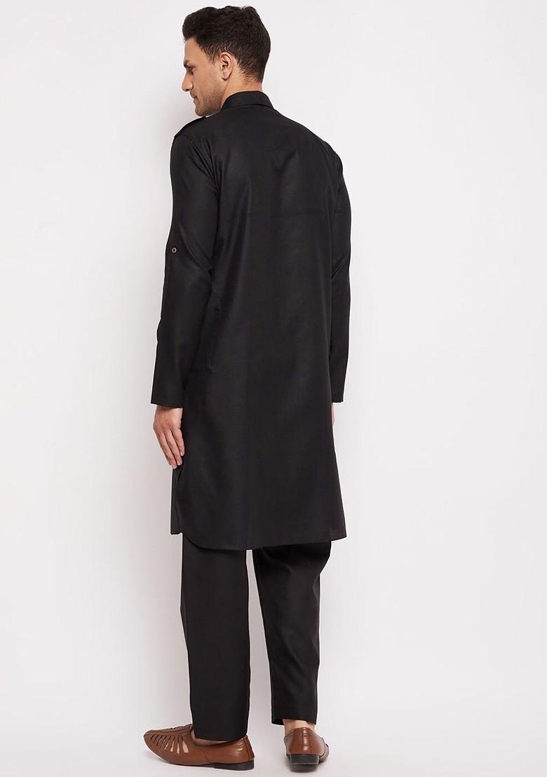 Black Solid Poly Blend Kurta Set For Men