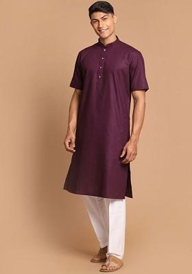 Purple Solid Poly Blend Kurta Set For Men