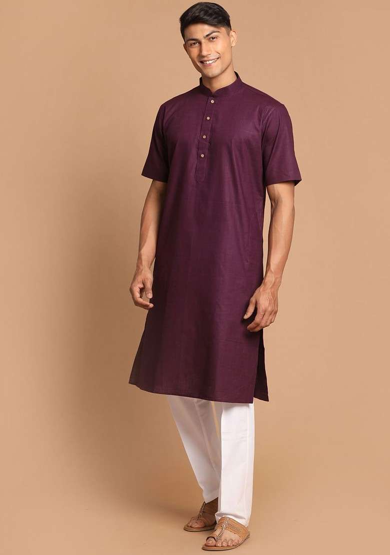 Purple Solid Poly Blend Kurta Set For Men - Indya