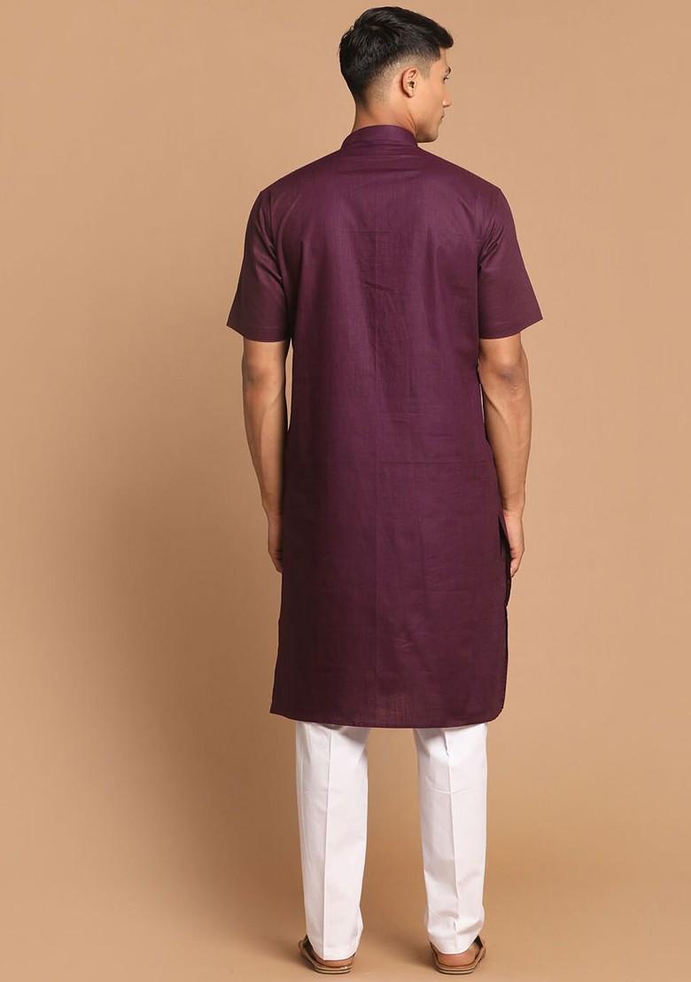 Purple Solid Poly Blend Kurta Set For Men