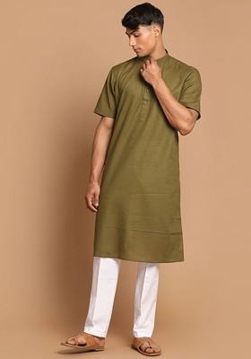 Green Solid Poly Blend Kurta Set For Men