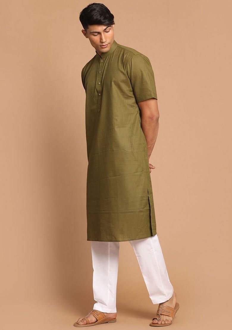 Green Solid Poly Blend Kurta Set For Men