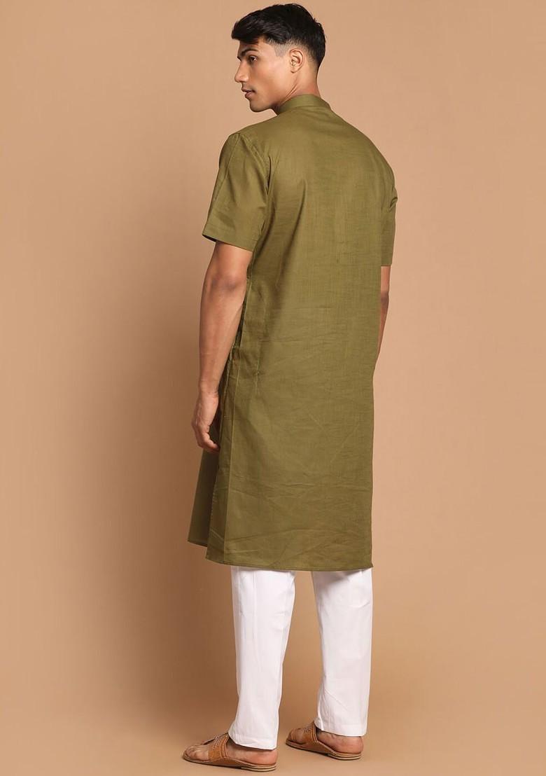 Green Solid Poly Blend Kurta Set For Men