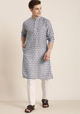 Grey Ethnic Motifs Poly Blend Kurta Set For Men