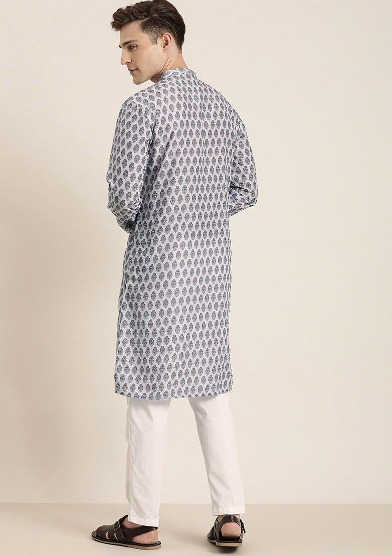 Grey Ethnic Motifs Poly Blend Kurta Set For Men