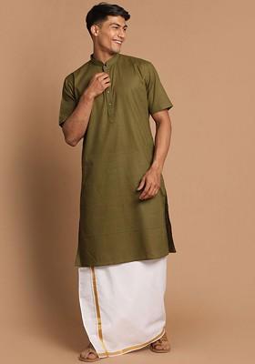 Olive Solid Cotton Kurta Set For Men