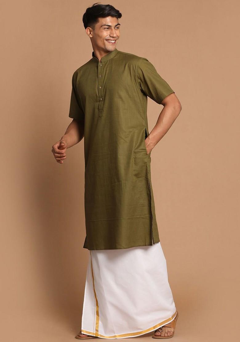 Olive Solid Cotton Kurta Set For Men