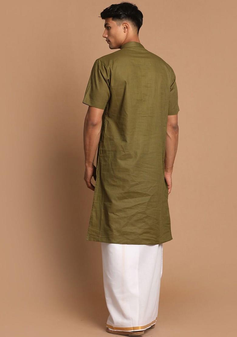 Olive Solid Cotton Kurta Set For Men