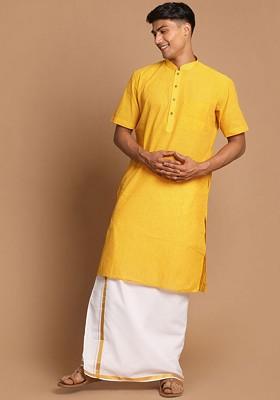 Yellow Solid Cotton Kurta Set For Men
