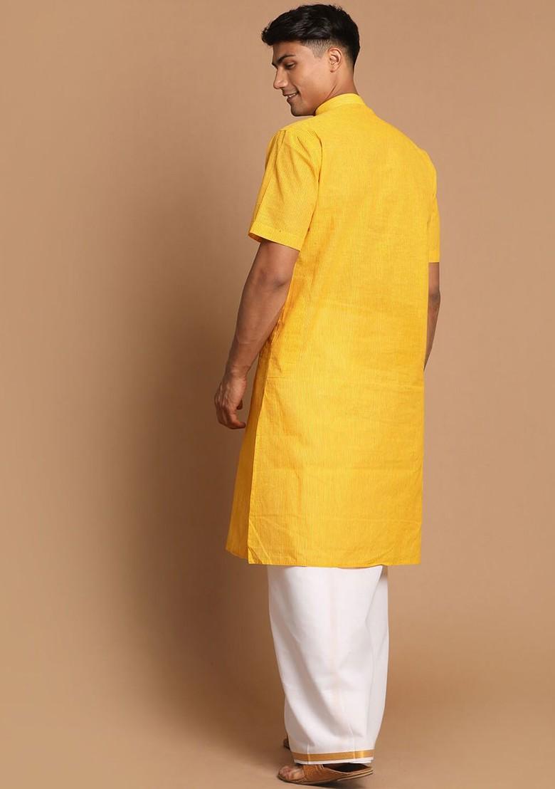 Yellow Solid Cotton Kurta Set For Men