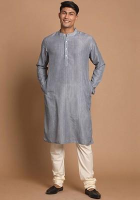 Grey Solid Poly Blend Kurta Set For Men