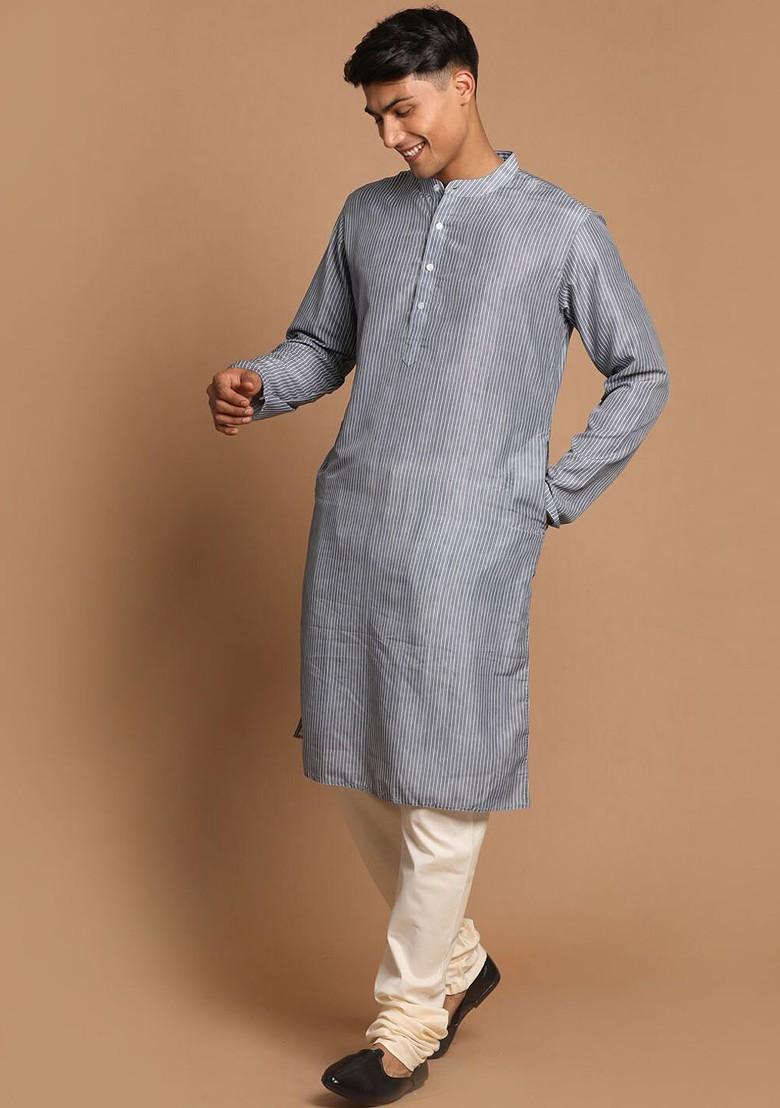 Grey Solid Poly Blend Kurta Set For Men