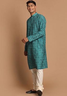 Green Printed Poly Blend Kurta Set For Men