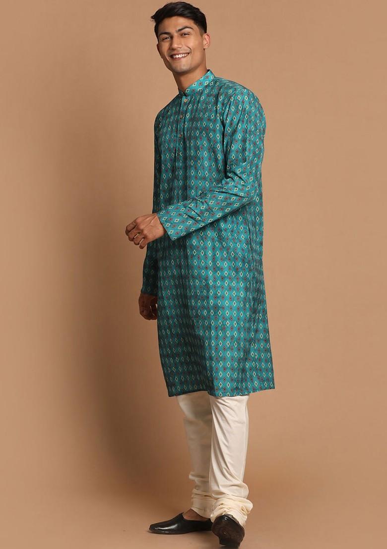 Green Printed Poly Blend Kurta Set For Men
