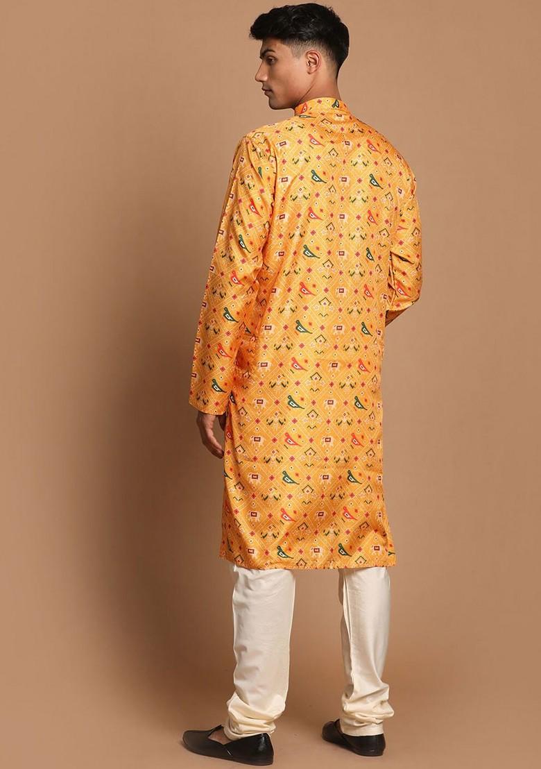 Yellow Floral Print Poly Blend Kurta Set For Men