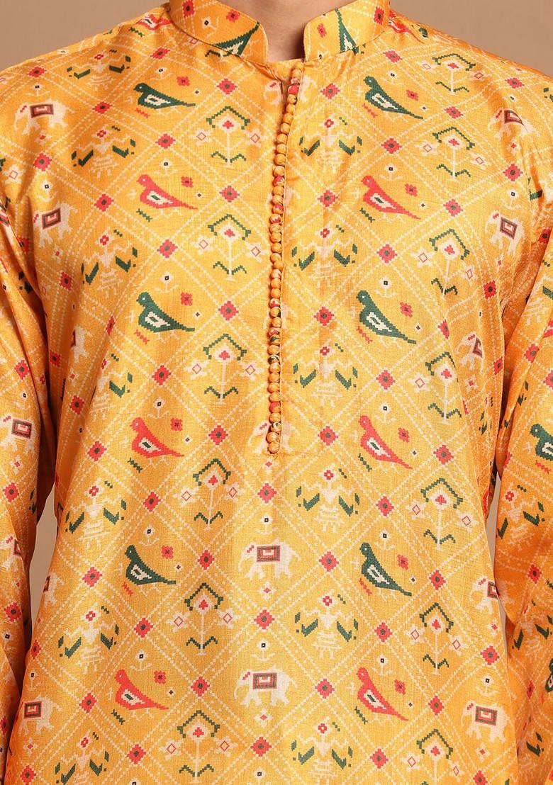 Yellow Floral Print Poly Blend Kurta Set For Men