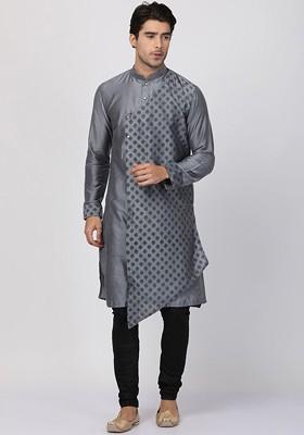 Grey Ethnic Motifs Cotton Kurta Set For Men