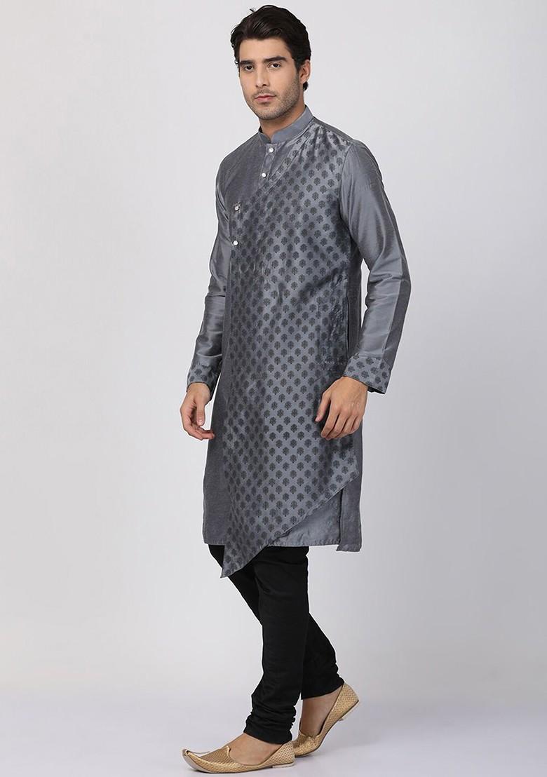 Grey Ethnic Motifs Cotton Kurta Set For Men