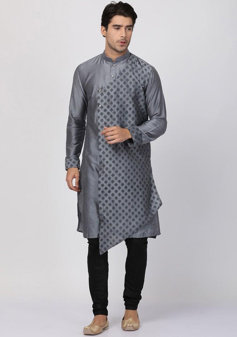 Grey Ethnic Motifs Cotton Kurta Set For Men