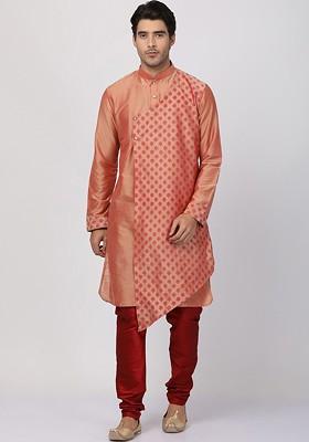 Pink Solid Poly Blend Kurta Set For Men