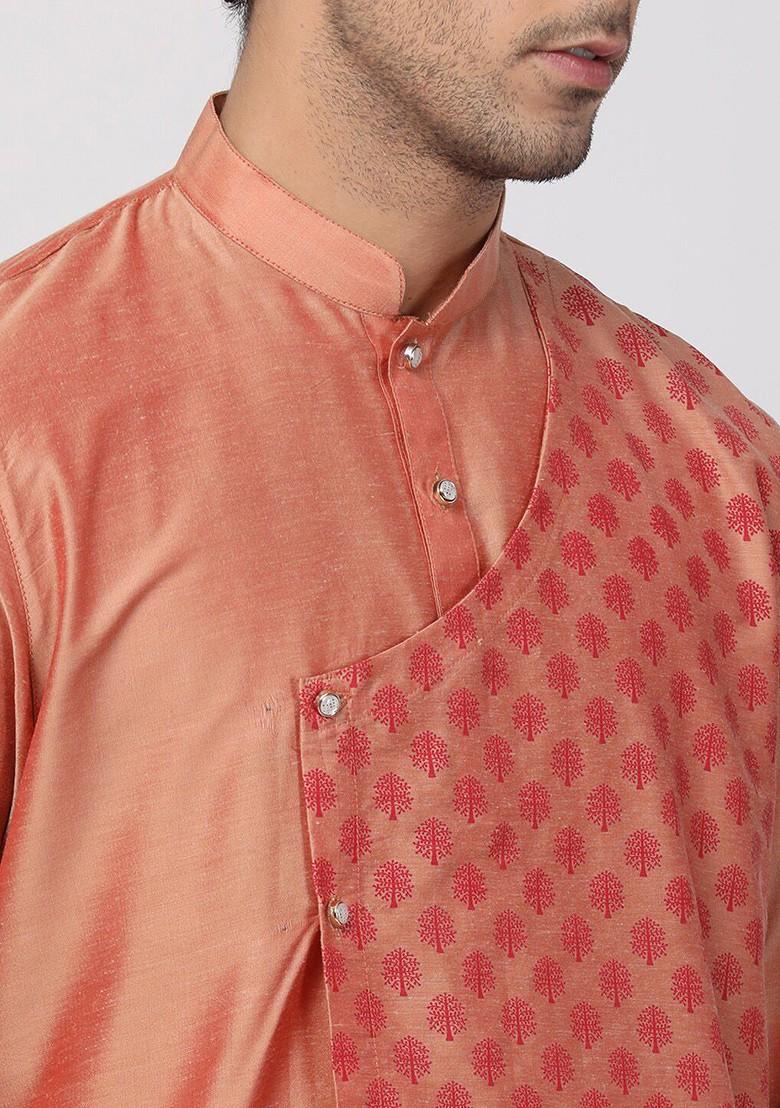 Pink Solid Poly Blend Kurta Set For Men