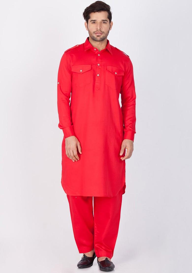 Red Solid Poly Blend Kurta Set For Men