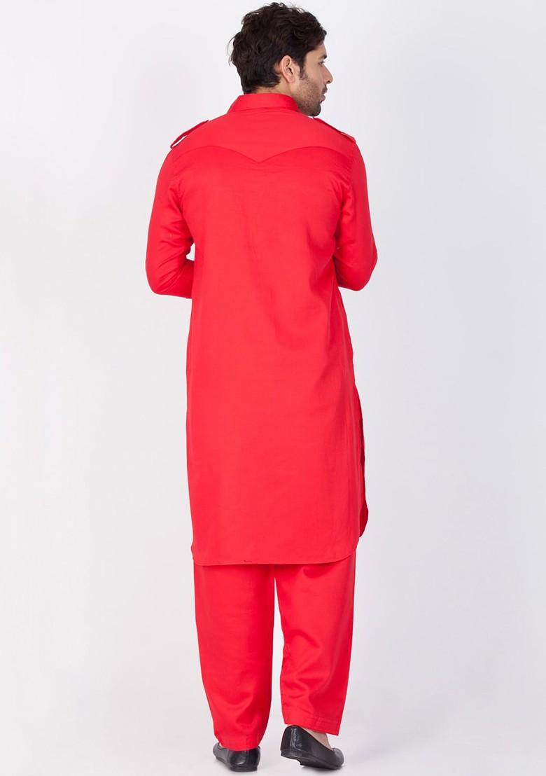Red Solid Poly Blend Kurta Set For Men