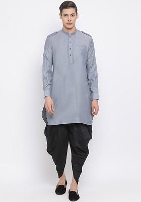 Grey Solid Poly Blend Kurta Set For Men