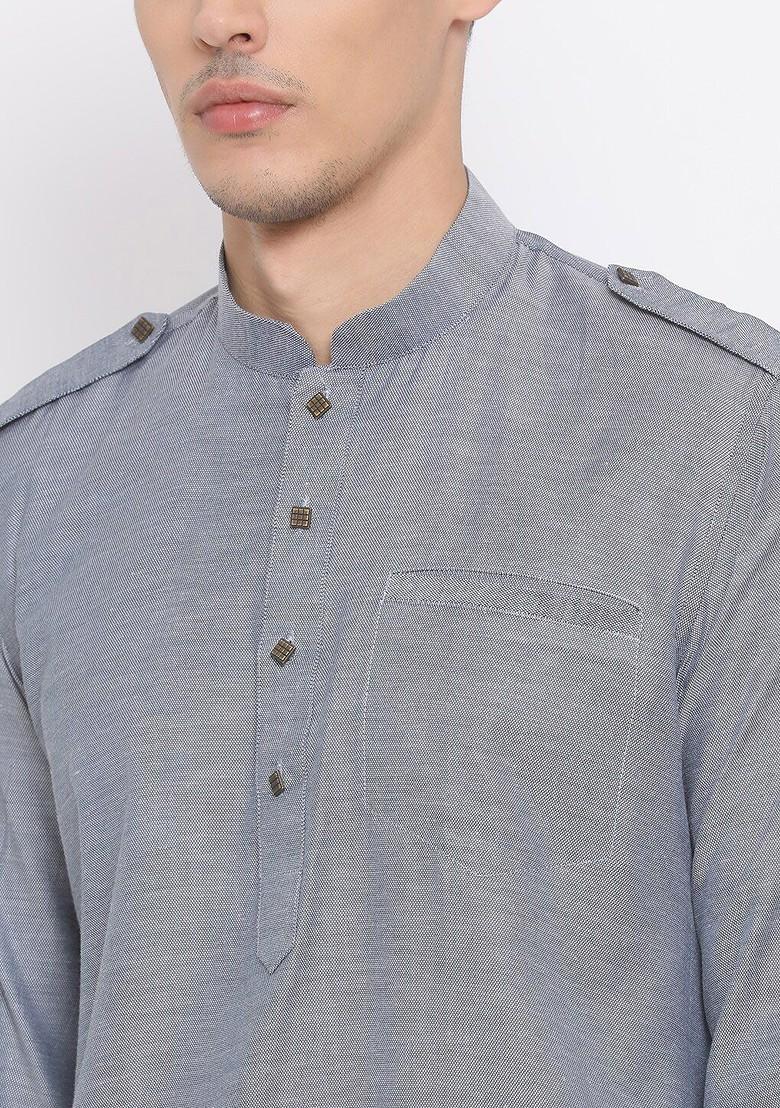 Grey Solid Poly Blend Kurta Set For Men