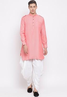Red Solid Poly Blend Kurta Set For Men