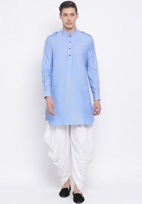 Blue Solid Poly Blend Kurta Set For Men