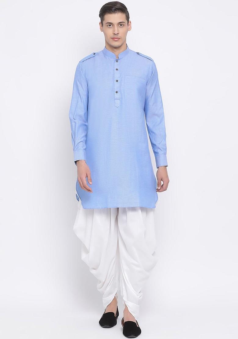 Blue Solid Poly Blend Kurta Set For Men