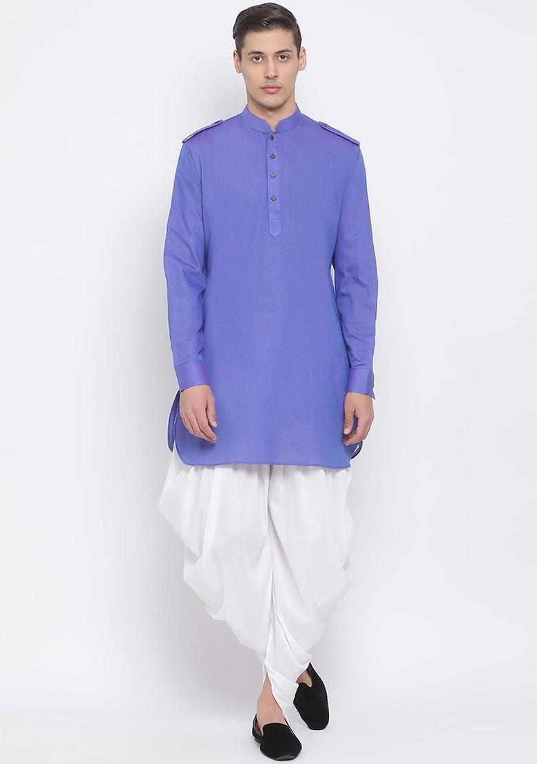 Purple Solid Poly Blend Kurta Set For Men