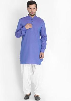 Purple Solid Poly Blend Kurta Set For Men