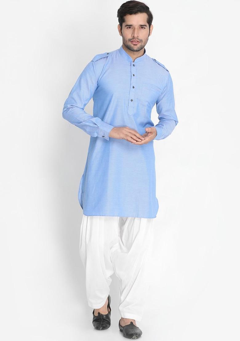 Blue Solid Poly Blend Kurta Set For Men