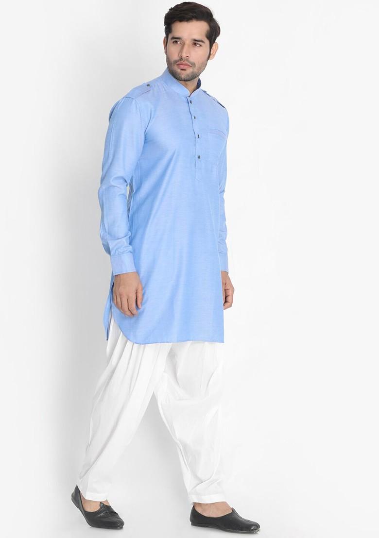 Blue Solid Poly Blend Kurta Set For Men
