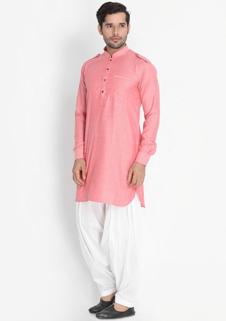 Pink Solid Poly Blend Kurta Set For Men