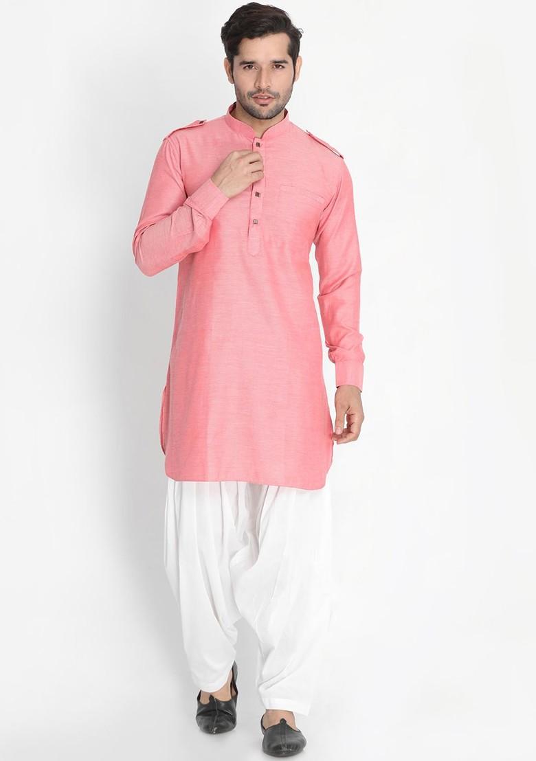 Pink Solid Poly Blend Kurta Set For Men