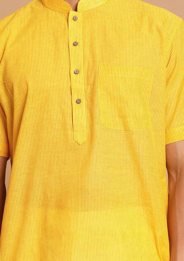 Yellow Solid Cotton Kurta Set For Men