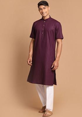 Purple Solid Poly Blend Kurta Set For Men